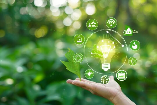 A hand holds a leaf among ecofriendly energy icons, symbolizing sustainable innovation and green solutions in nature, emphasizing renewable resources and environmental technologies
