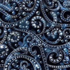 A beautifully designed and seamless pattern featuring intricate swirls and sparkling rhinestones set against a deep black background