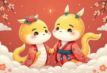 Fototapeta premium Cute Serpent Pair in Japanese Attire: Festive New Year Graphics for the Year of the Snake