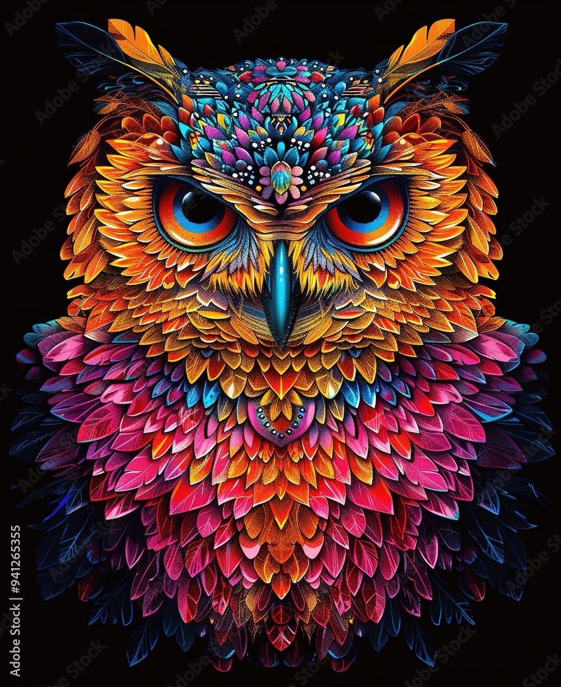 Wall mural vibrant abstract owl with intricate feather patterns and colorful details on a dark background