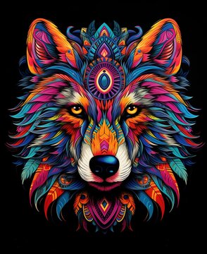 Colorful abstract wolf head illustration with intricate patterns and vibrant colors on a black background