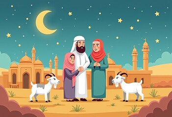Naklejka premium Muslim Family Eid al-Adha Illustration: Perfect for Greeting Cards, Posters, and Social Media