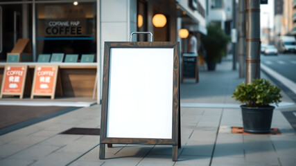 Blank Aframe sign on sidewalk outside Japanese cafe