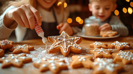 Joyful Child Decorating Christmas Star Cookies with Sprinkles and Icing
