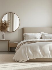 Minimalist bedroom with neutral tones, a round mirror, and natural decor elements