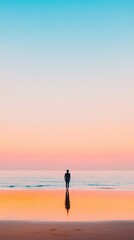 Fototapeta premium A lone figure on a deserted beach at sunrise, practicing yoga, their movements slow and deliberate, symbolizing mindfulness in the face of overwhelming sadness