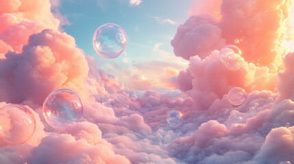 Multicolored Soap Bubbles Cloudscape Wallpaper. Airy Soothing Unicorn Fairytale Illustration. Pink Sunset, Sunrise over Water. Rainbow Airy Flying Soap Bubbles. Gradient Sky Romantic Cloudscape.