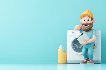 Cheerful cartoon technician with a washing machine, holding a tablet, ready to assist with home appliance repairs.