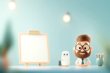 Obraz premium Cheerful character artist with glasses beside a cute owl and an empty canvas, creating an inviting and creative workspace.