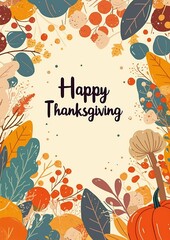 Fototapeta premium Thanksgiving card featuring a vibrant illustration of autumn leaves, pumpkins, and foliage surrounding the 