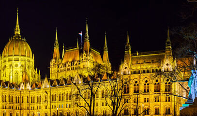 Fototapeta premium Brightly illuminated Parliament building, Budapest, Hungary