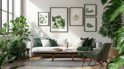 "A Living Room with Plants and Framed Pictures on the Wall, Cozy and Inviting"