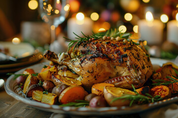 Roasted holiday turkey served with assorted vegetables and garnished with rosemary, set on a festive dinner table with candles