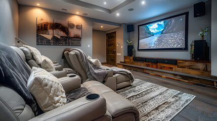 A cozy home theater with comfortable reclining chairs, a large screen, and a sound system, creating the perfect space for movie nights with family and friends