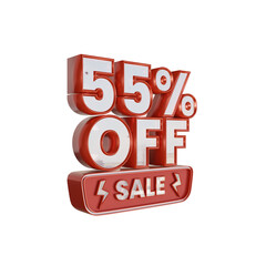 55% Off Sale Discount 3d Illustration, Fifty Five Percent Off Sale with Red and White Color