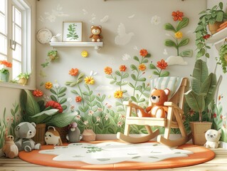 A cozy nursery with a rocking chair, stuffed animals, and a floral wallpaper.