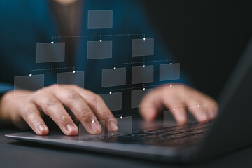 mindmap or organigram on virtual screen, person looking at hierarchy scheme, business structure