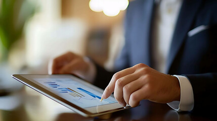 Naklejka premium Businessman using tablet with charts on screen.