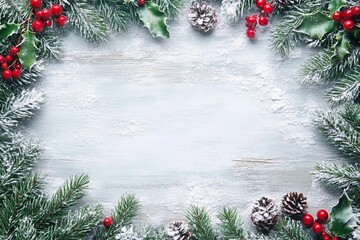 Christmas and New Year background with fir branches, holly and snowfall on wooden white board