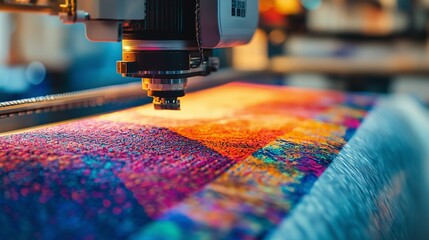 A multi-colored printer in action, printing vibrant patterns on textile fabric, showcasing advanced textile printing technology.