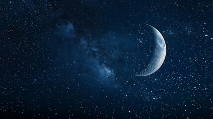 A crescent moon shines brightly against a backdrop of twinkling stars and a swirling galaxy.