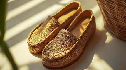 Closeup of a pair of woven tan loafers.