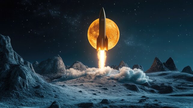 3D Illustration of a rocket heading to the moon symbolizing a cryptocurrency startup with NFT game tokens staking options and a mobile app for financial trading and investment
