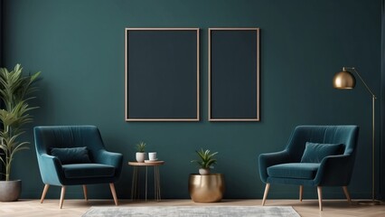 Teal Wall Interior Design with Two Armchairs and Two Empty Frames