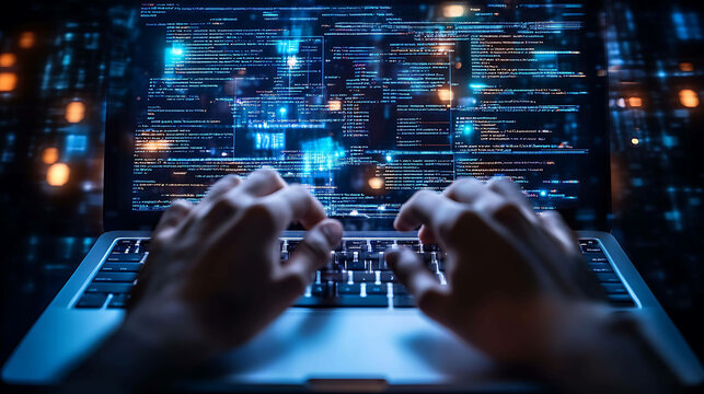 A person types code on a laptop in a dark room.