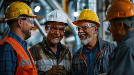 Group of workers wearing hard hats and safety gear, standing together