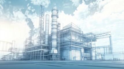 3D illustration of an industrial building in wireframe style