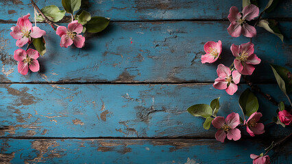 Fototapeta premium A Vintage Inspired Flat-Lay Composition of Pink Flowers on a Distressed Blue Wooden Background