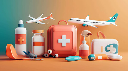 3D illustration of a first aid kit and other medical supplies with airplanes flying in the background.