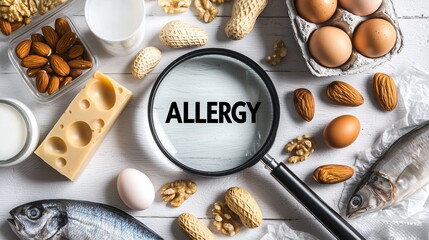 Image depicting common allergenic foods including nuts, eggs, milk, cheese, fish, and wheat with the word 'allergy' in the center.