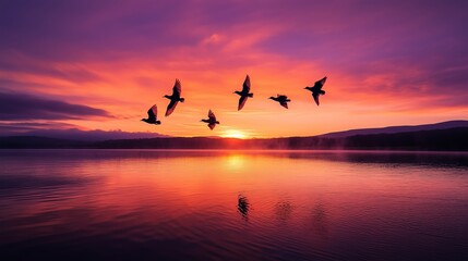 Obraz premium Birds glide over shimmering water at sunset, reflecting vibrant colors and embracing nature's beauty.