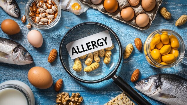 Magnifying glass highlighting 'allergy' surrounded by common allergenic foods like eggs, nuts, fish, and milk.