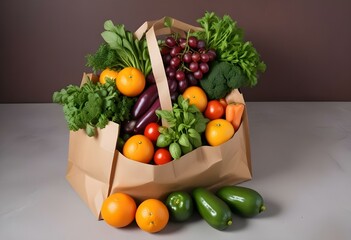 Healthy food background with a paper bag overflowing with fresh herbs like basil and parsley, crunchy vegetables like cucumbers and bell peppers, and juicy fruit