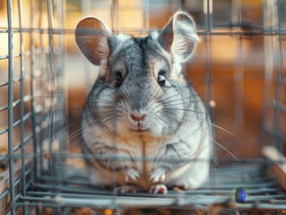 Obraz premium A cute chinchilla looking out of its cage, with big ears and soft fur.
