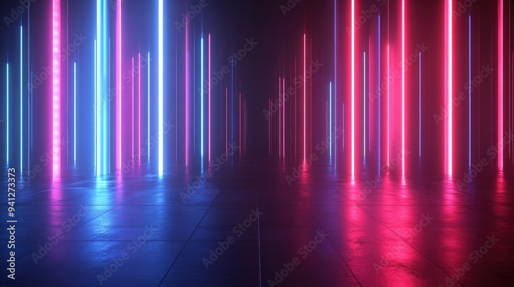 Wall mural 3D render of an abstract geometric background featuring glowing vertical lines in darkness a neon equalizer graph and a modern minimalist design with a blue red gradient under ultraviolet light