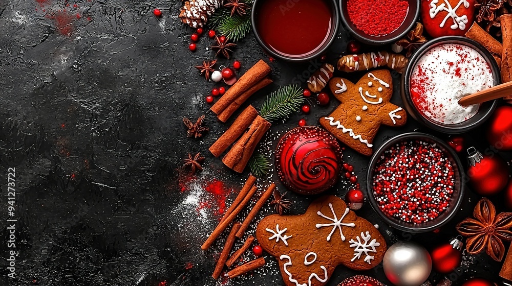 Sticker  A black table adorned with various Christmas cookies, candy canes, and a steaming cup of hot chocolate