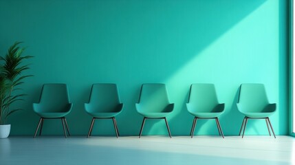A row of green chairs in front of a wall with blue walls, AI