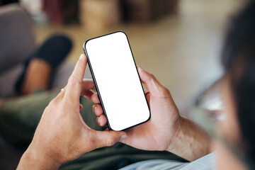 cell phone blank white screen mockup.hand holding texting using mobile on desk at office.background empty space for advertise.work people contact marketing business,technology