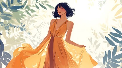 Woman in a yellow dress standing in a garden.