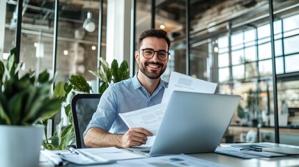 Fototapeta premium Professional Man in Glasses Reviewing Documents at Desk with Laptop, Conveys Focus and Confidence in Modern Office Setting.
