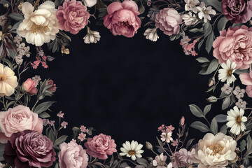 Vintage flower background in art nouveau style with empty space for your text. Neutral warm colors abstract banner.flowers floral border on black background with copy space for mock up idea.