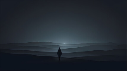Silhouette of Person Walking Through Desolate Nighttime Landscape