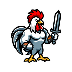 a rooster with a sword and shield on it