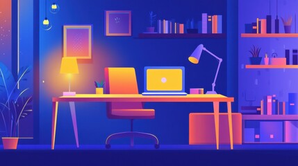 Fototapeta premium A desk with a laptop and lamp on it in an office, AI