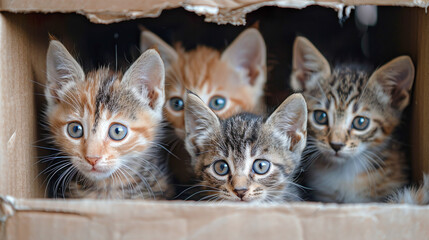 ダンボールの箱に入れられて捨てられた子猫の兄弟のイメージ