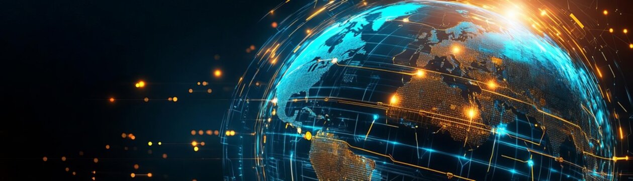 International freight forwarding, holographic globe with cargo routes, bright blue and gold accents, high-tech global logistics